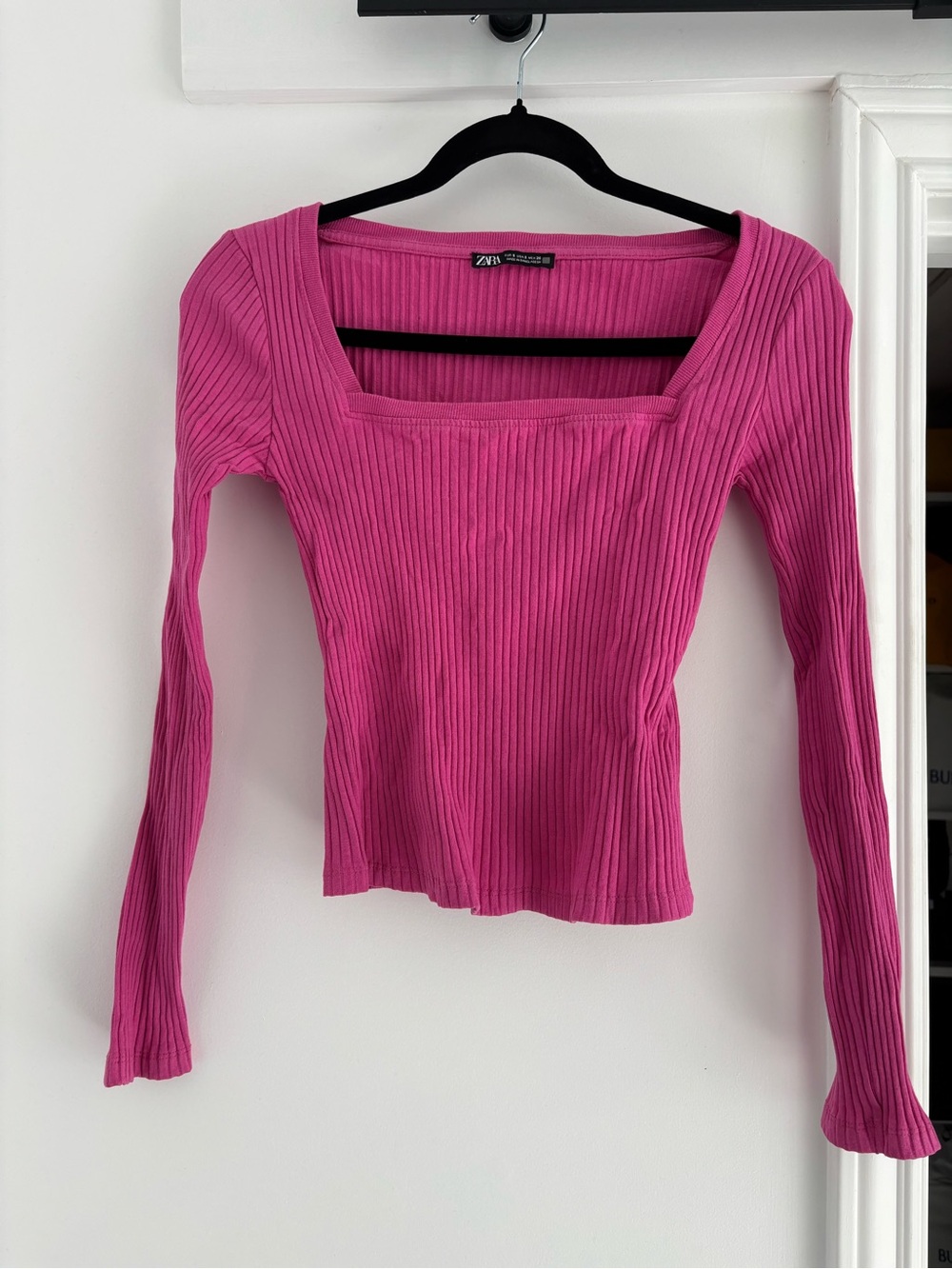 Zara Fuchsia Ribbed Square-Neck Long Sleeve Top